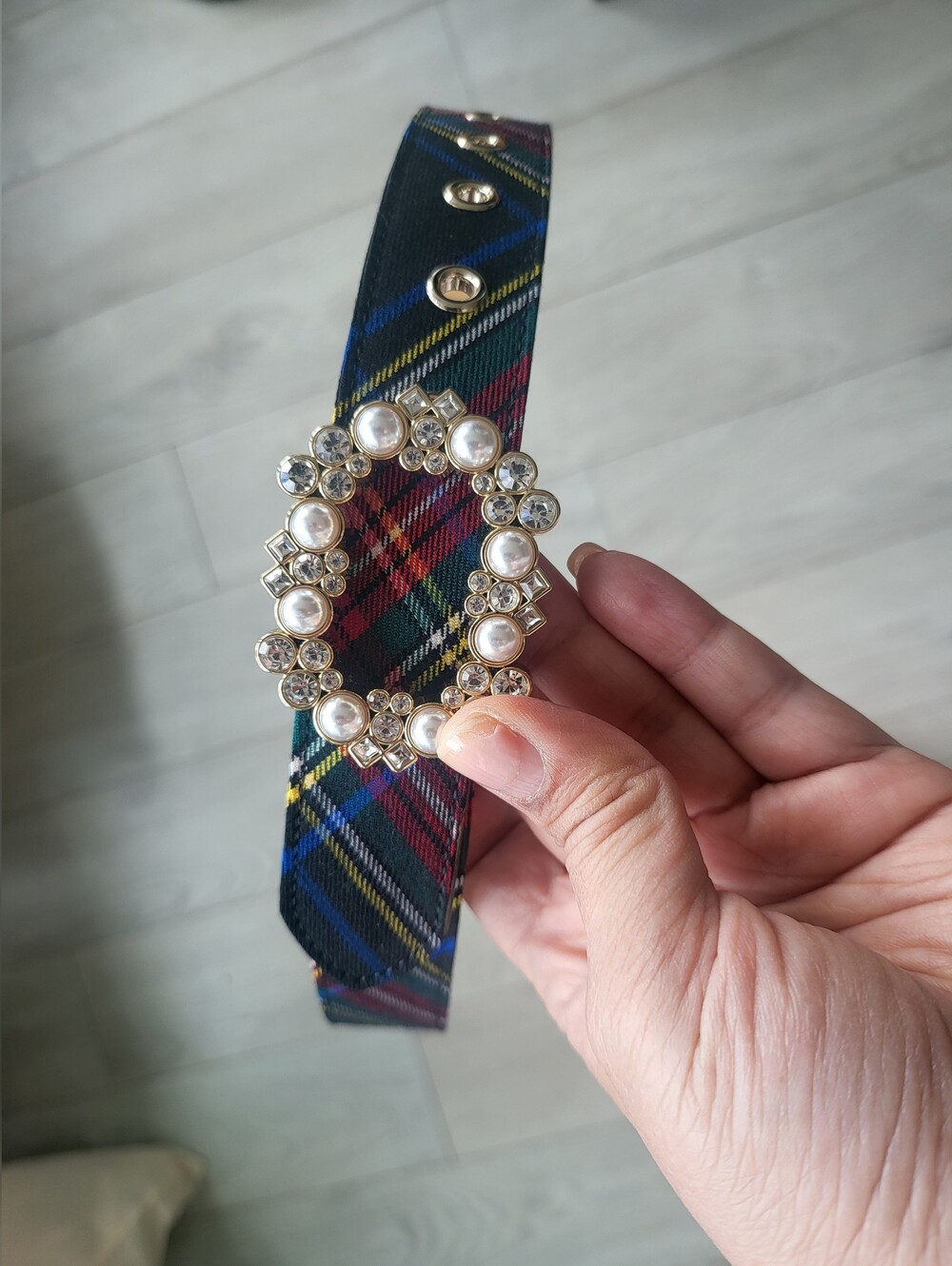 Talbots Tartan Plaid Belt with Pearl & Crystal Oval Buckle - Red, Green, Blue